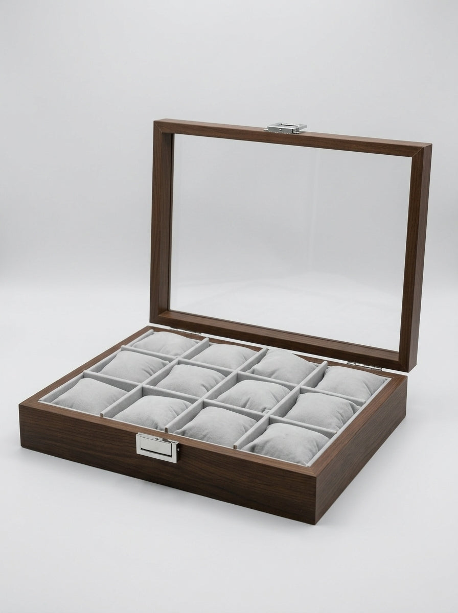 Wooden Watch Box 12-Slot Glass Lid