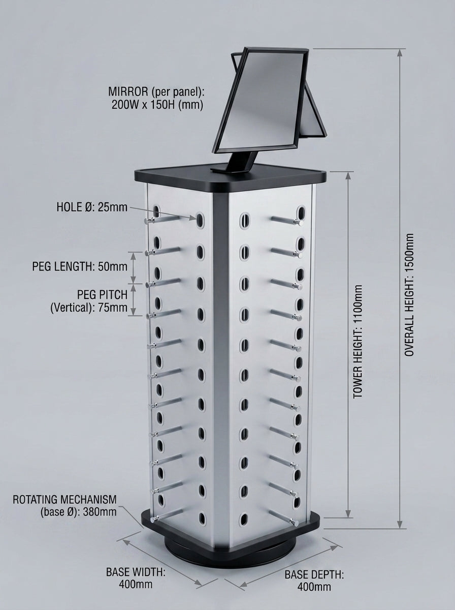 4-Sided Rotating Sunglass Display Tower with Mirror