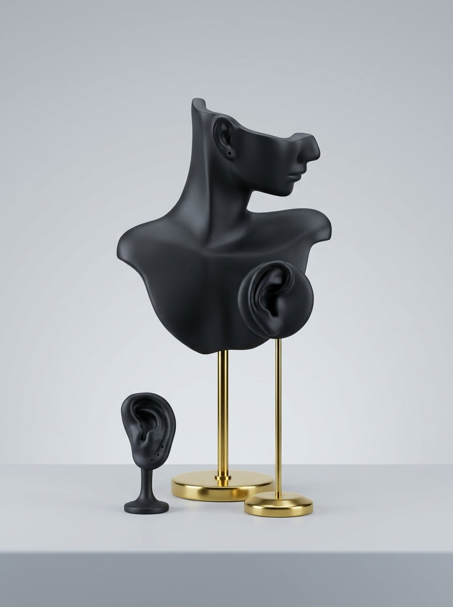 Jewelry Earring Display Combo Set – Black Bust, Ear Stands & Ear Stud Holder