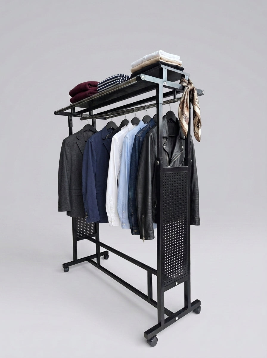 Adjustable Double Rail Garment Display Rack with Perforated Panels