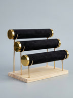 3-tier velvet T-bar bracelet bangle watch display stand gold caps wood base – Tanzania