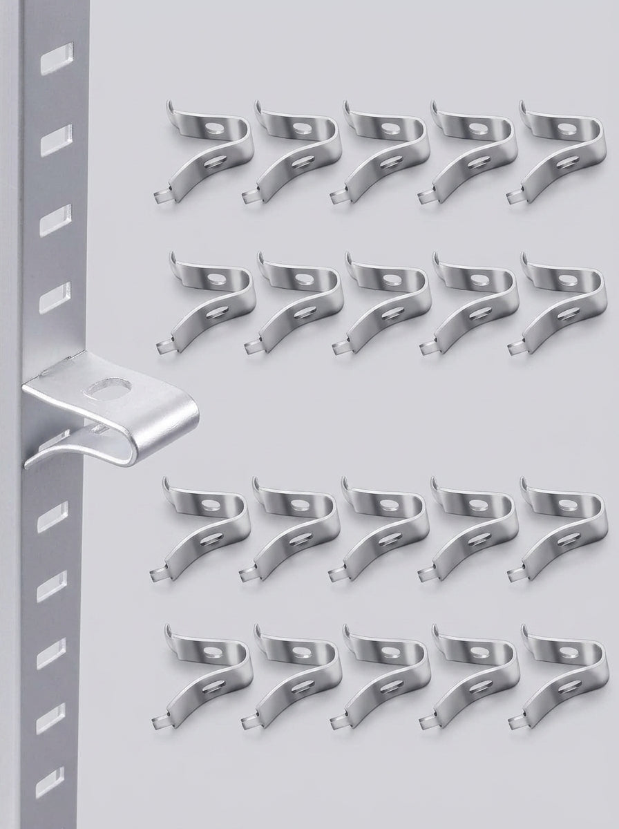 Four close-up views of metal shelf track rail and clamp installation