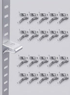 Four close-up views of metal shelf track rail and clamp installation