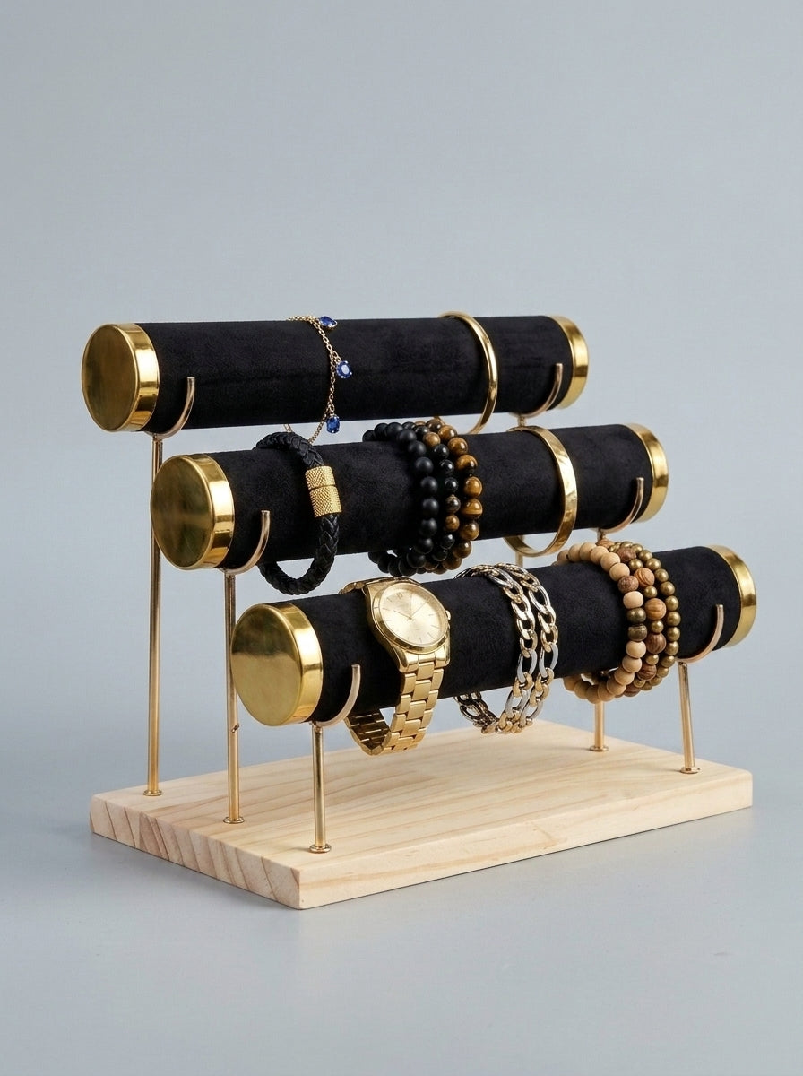 3-Tier Velvet T-Bar Bracelet, Bangle & Watch Display Stand (Gold Caps – Wood Base)