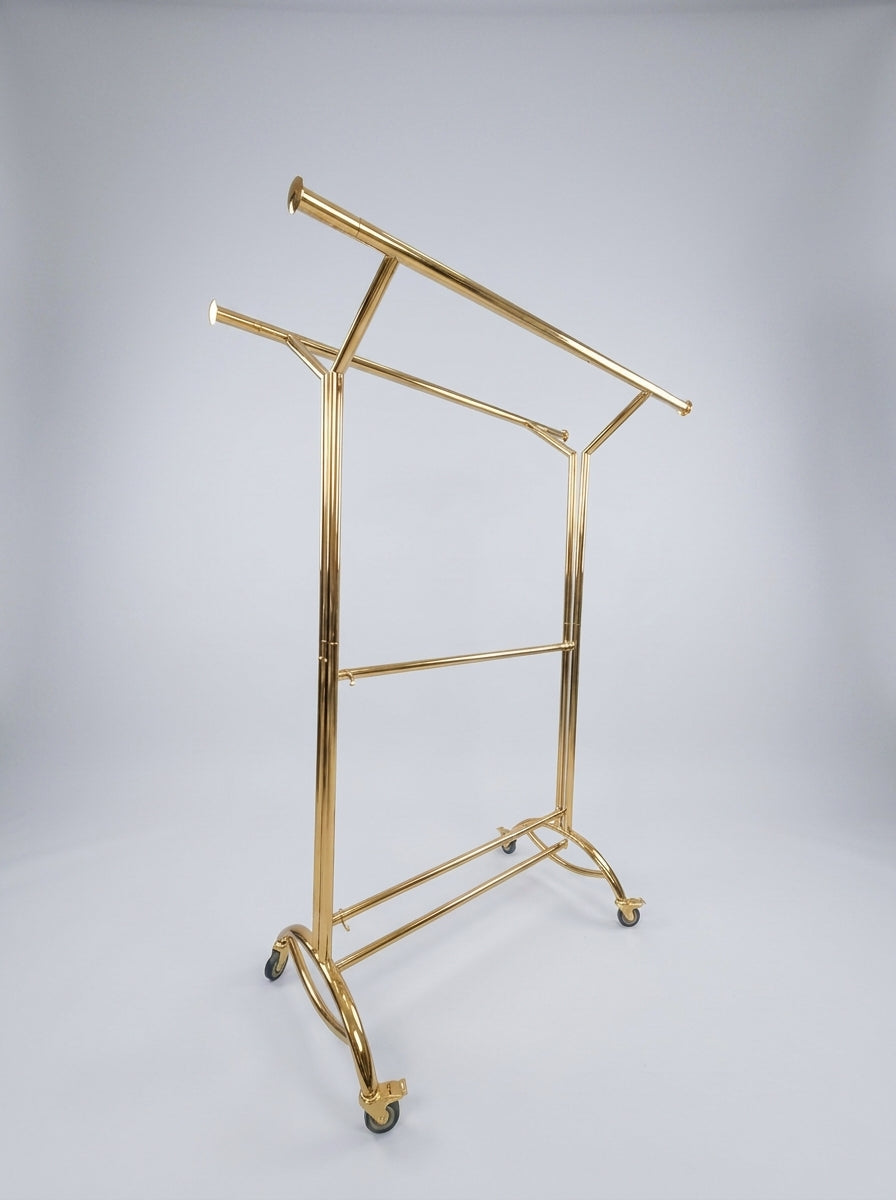 Gold Heavy-Tube Double-Rail Garment Rack on Wheels