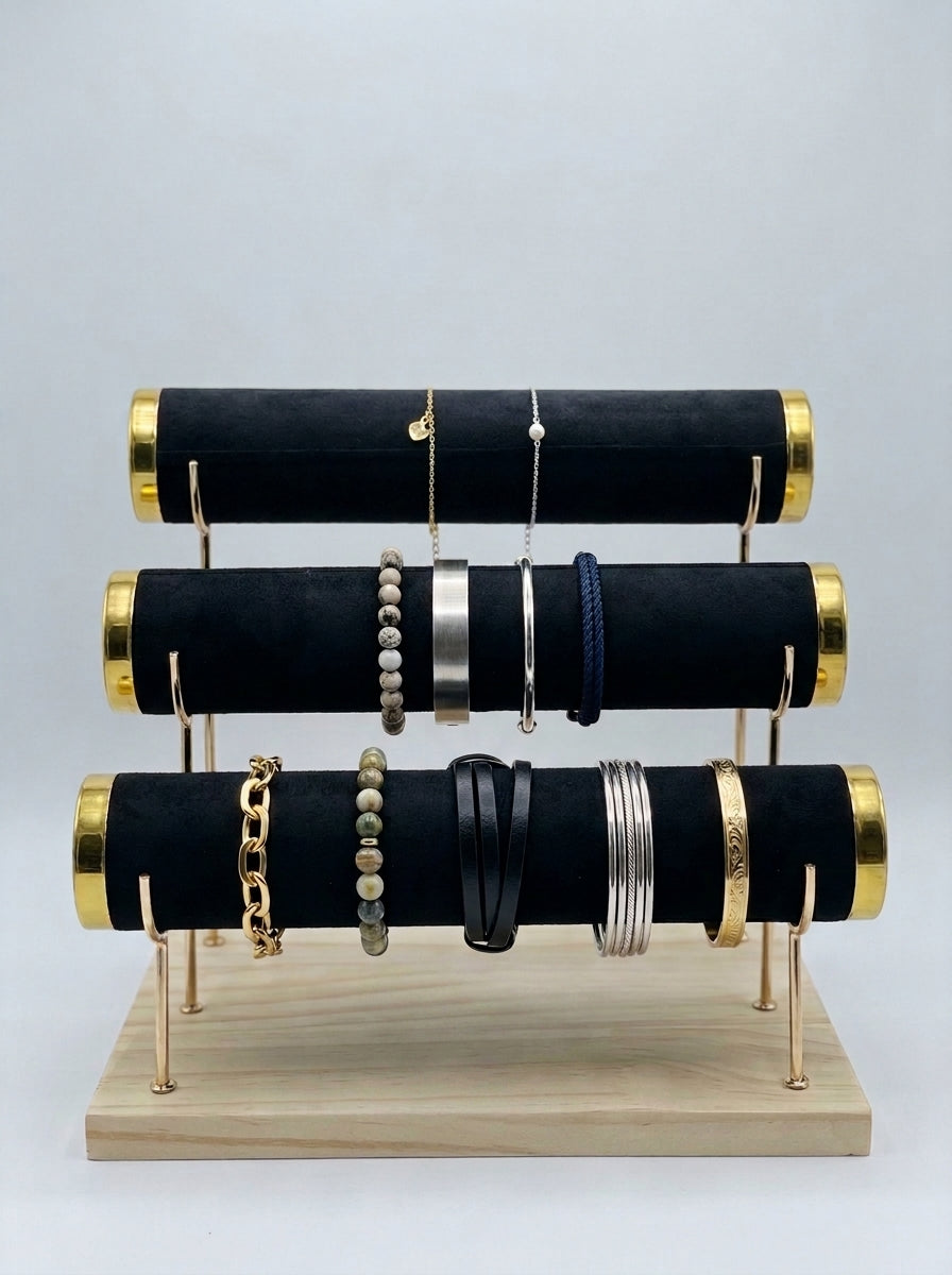 3-Tier Velvet T-Bar Bracelet, Bangle & Watch Display Stand (Gold Caps – Wood Base)