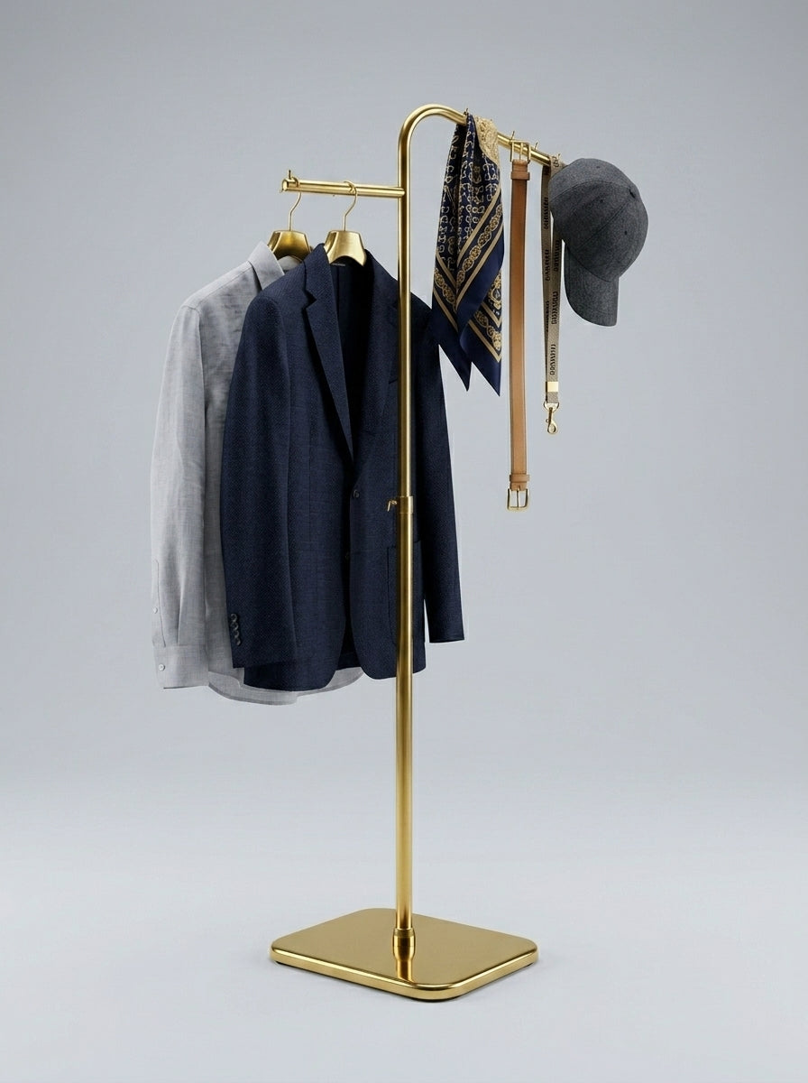 Clean product shot of adjustable brass display stand