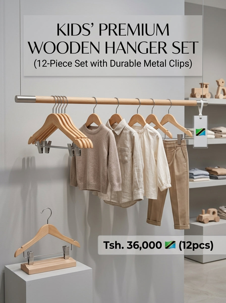 Kids' Premium Wooden Hanger Set (12pcs) – Natural Wood with Metal Clips