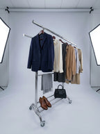 Adjustable Double-Arm Chrome Garment Rack on Wheels