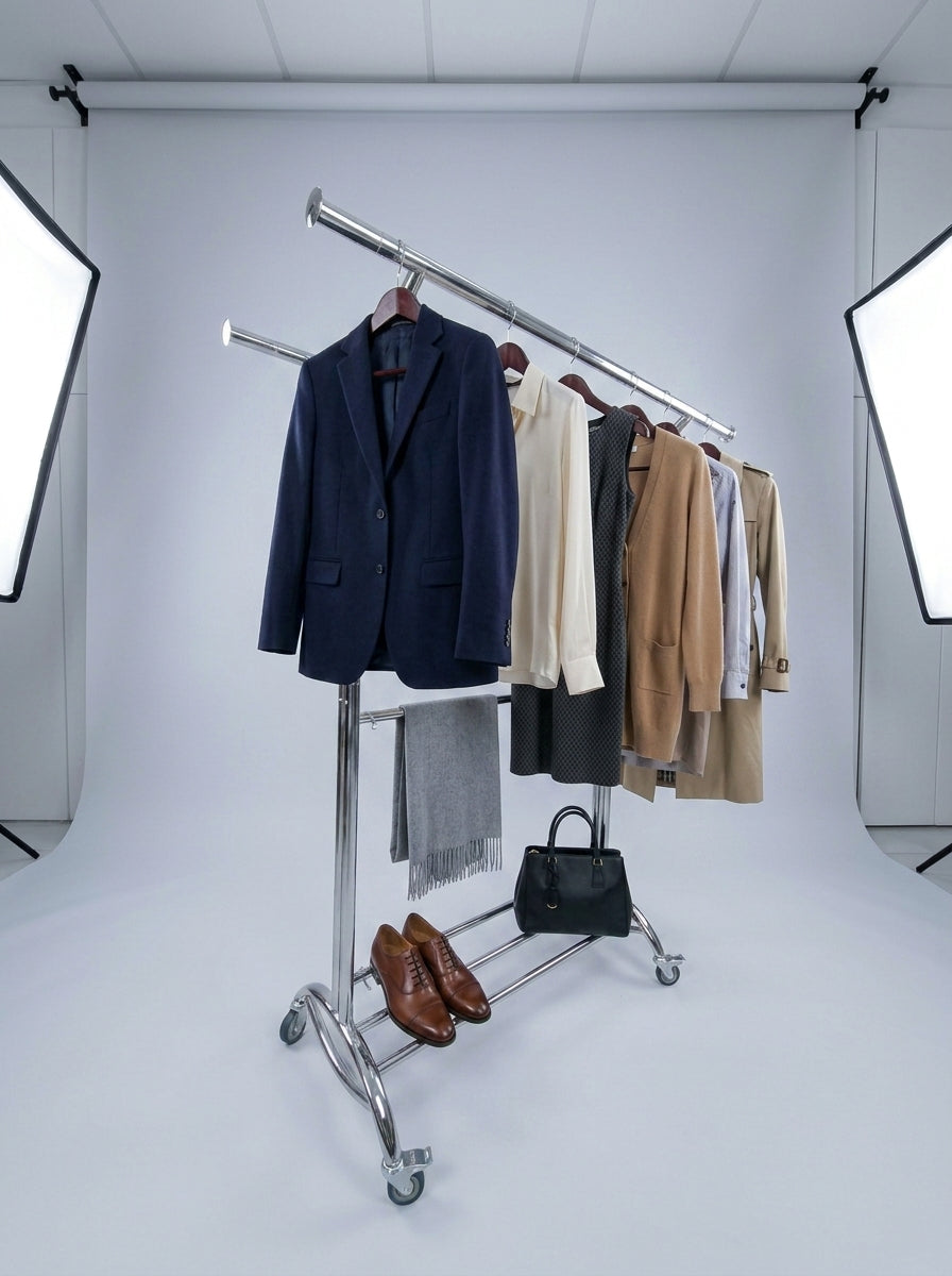 Adjustable Double-Arm Chrome Garment Rack on Wheels
