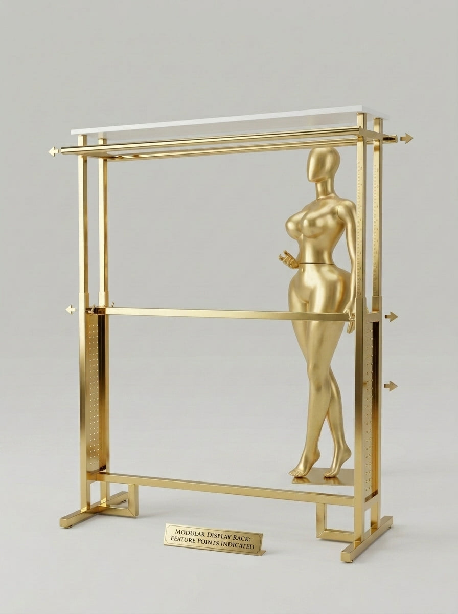 Height-Adjustable Gold Garment Rack with Integrated Tabletop