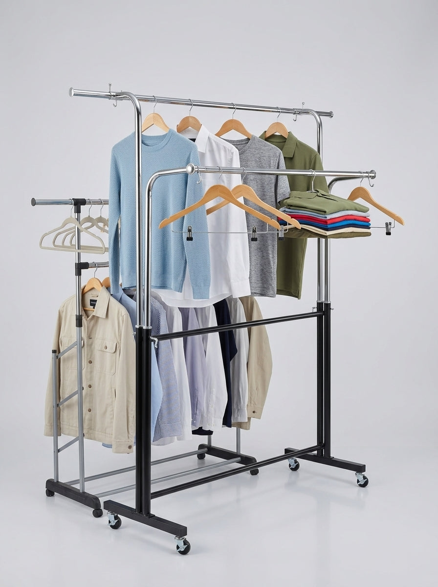 Curated Gentleman's Wardrobe Rack — Double Rail Chrome Garment Stand
