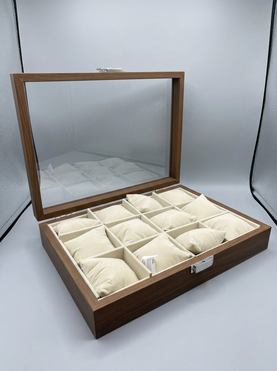 Wooden Watch Box 12-Slot Glass Lid