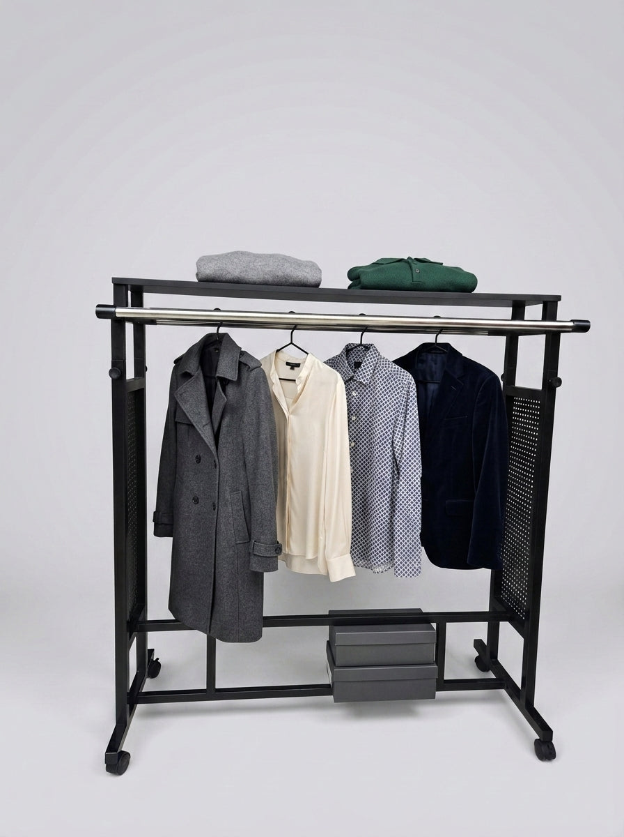 Adjustable Double Rail Garment Display Rack with Perforated Panels
