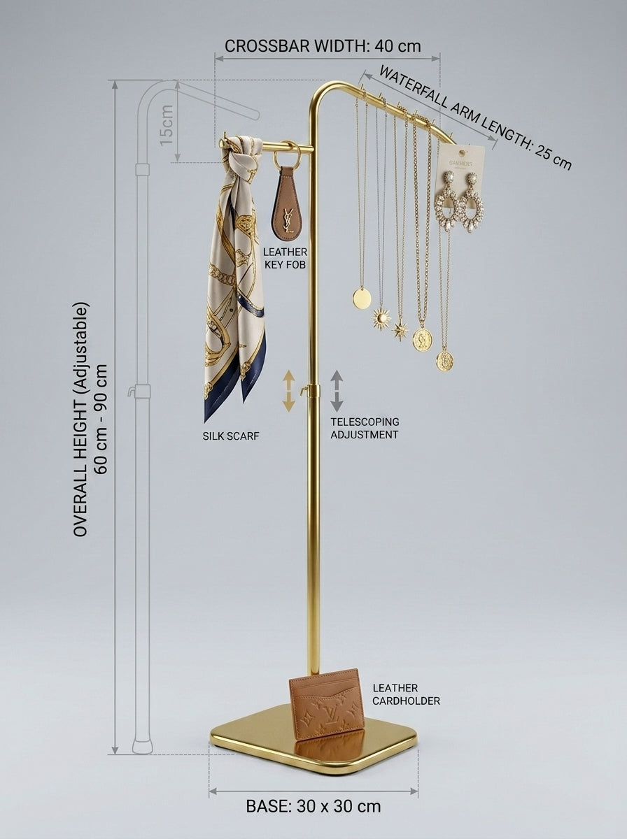 Elegant modular brass display rack with height adjustment specs labeled