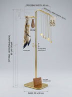 Elegant modular brass display rack with height adjustment specs labeled