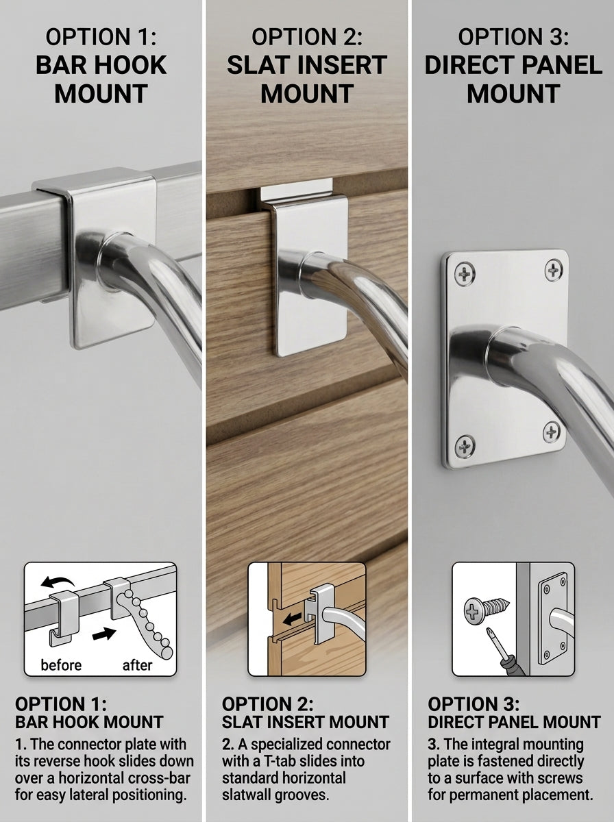 Chrome Waterfall Display Arms – Bar Hook Mount (Slatwall/Crossbar)