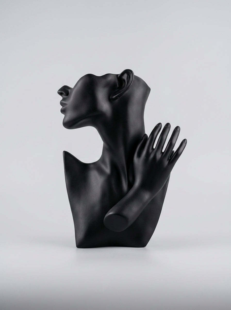 Abstract Face & Hand Bust Mannequin – Matte Black Jewelry Display