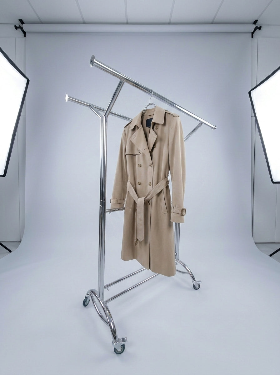 Adjustable Double-Arm Chrome Garment Rack on Wheels
