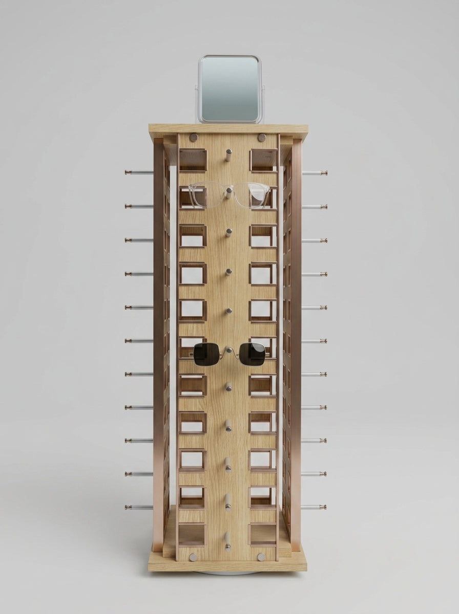 Rotating Eyewear Tower with Mirror – Wood