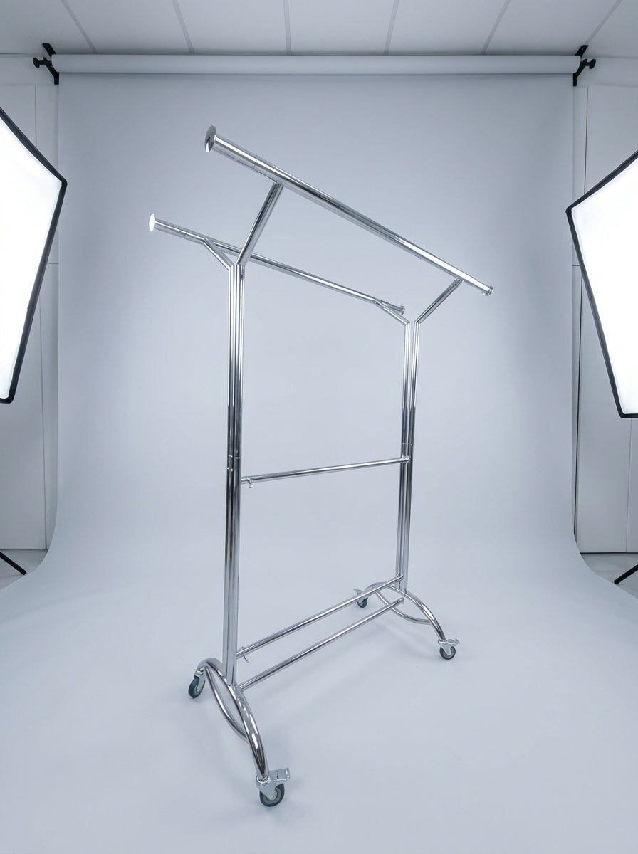 Adjustable Double-Arm Chrome Garment Rack on Wheels