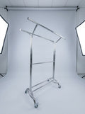 Adjustable Double-Arm Chrome Garment Rack on Wheels