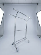 Adjustable Double-Arm Chrome Garment Rack on Wheels