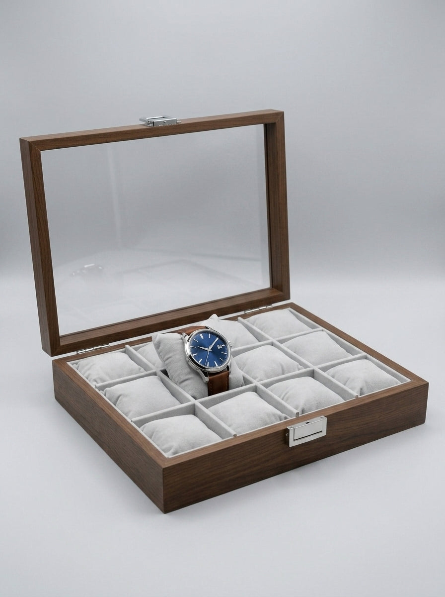 Wooden Watch Box 12-Slot Glass Lid