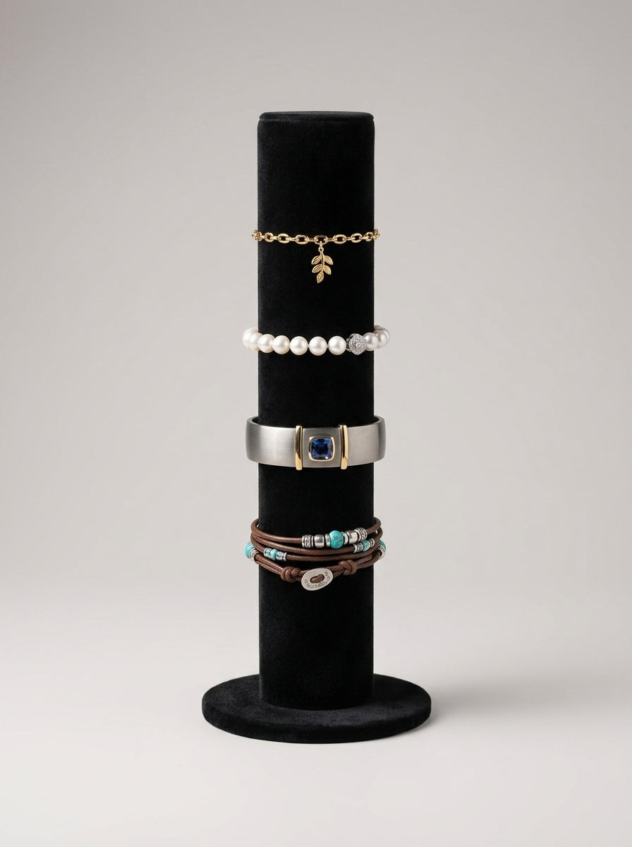 Bracelet Display Tower – Tall Black Velvet Column Stand